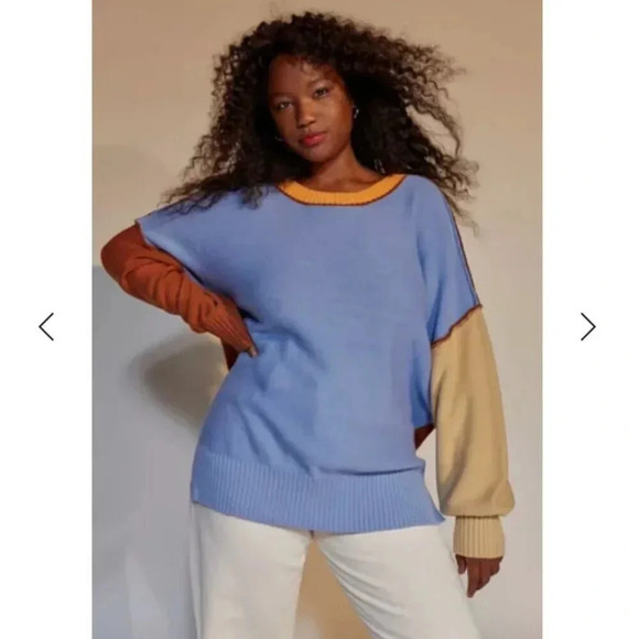 BDG Charlie Pullover Sweater In Blue Multi Oversized Slouchy Color Block - Picture 1 of 5